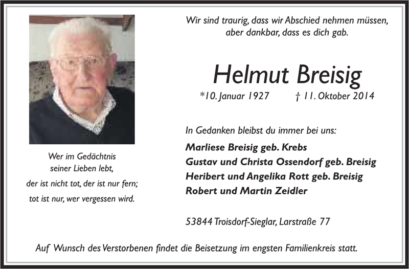 Erinnerungsbild für Helmut Richard Breisig