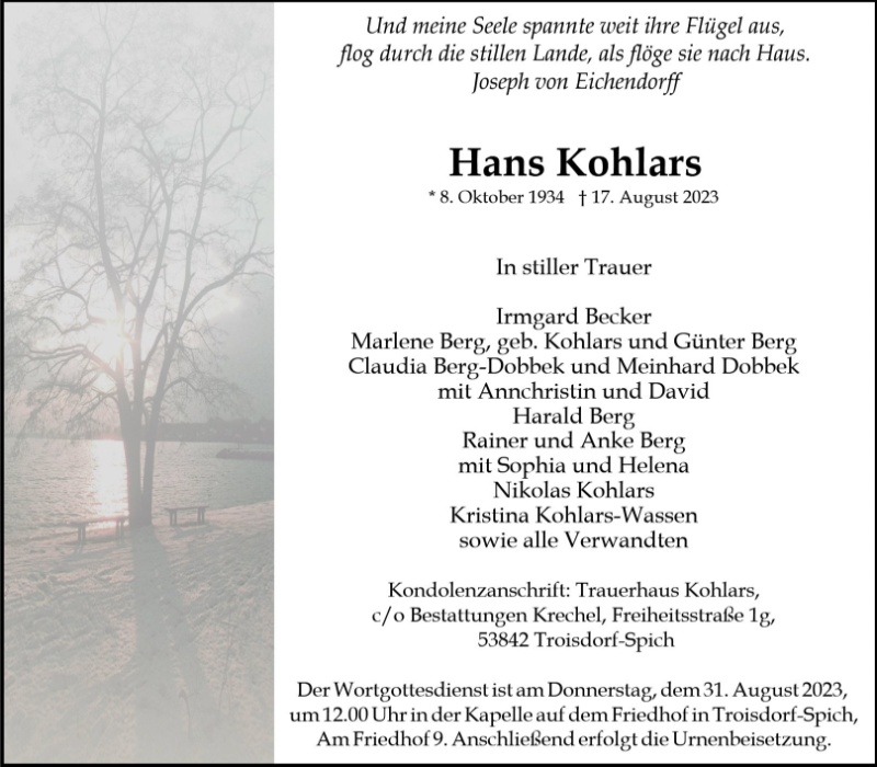 Erinnerungsbild für Hans Kohlars