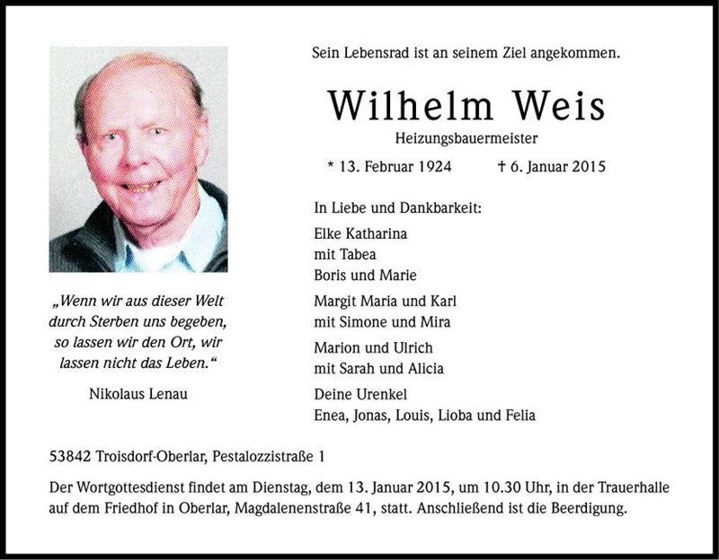 Erinnerungsbild für Wilhelm Weis